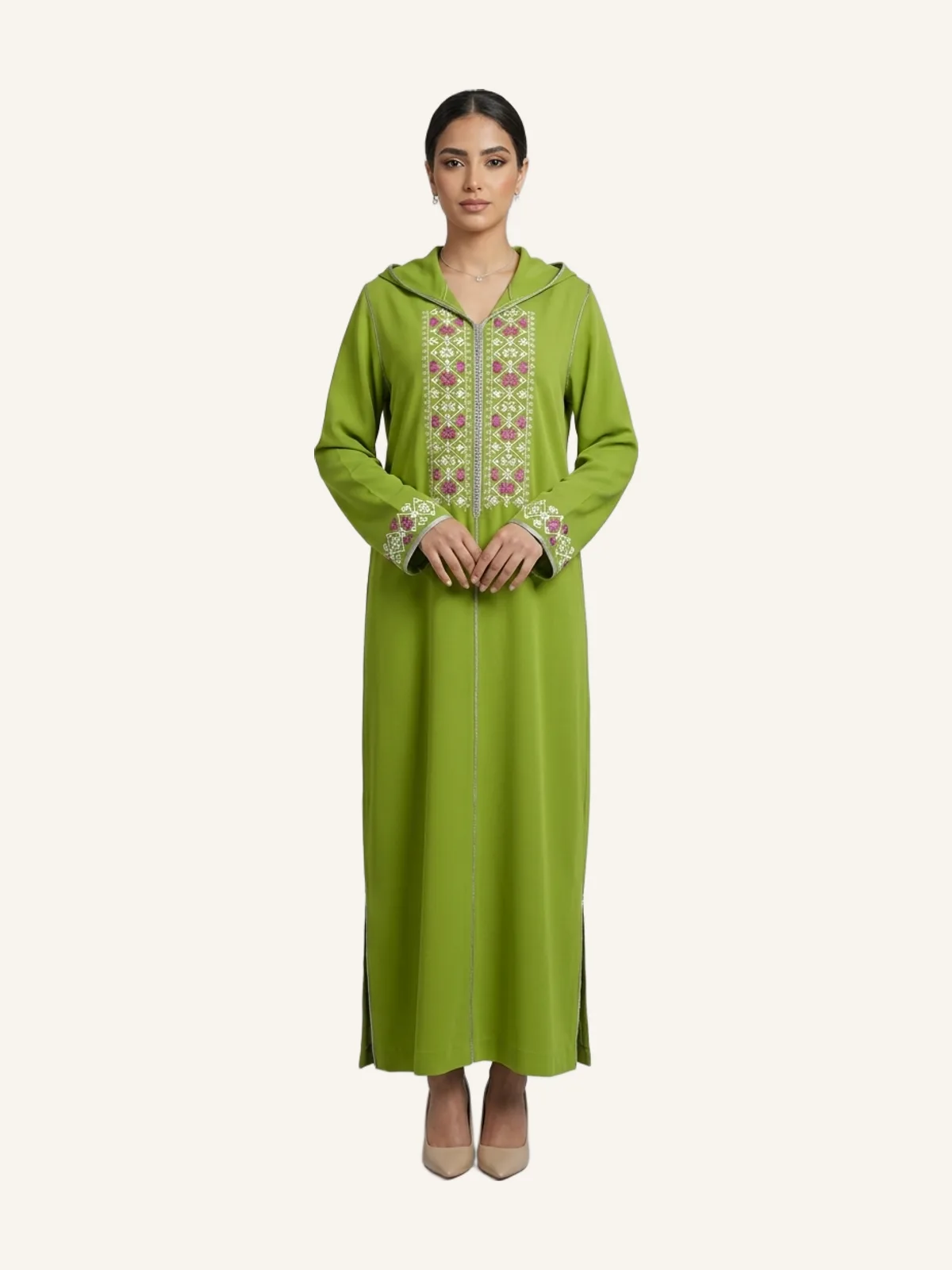 Modern Moroccan Djellaba in Royal Green with Exquisite "Rbati" Embroidery