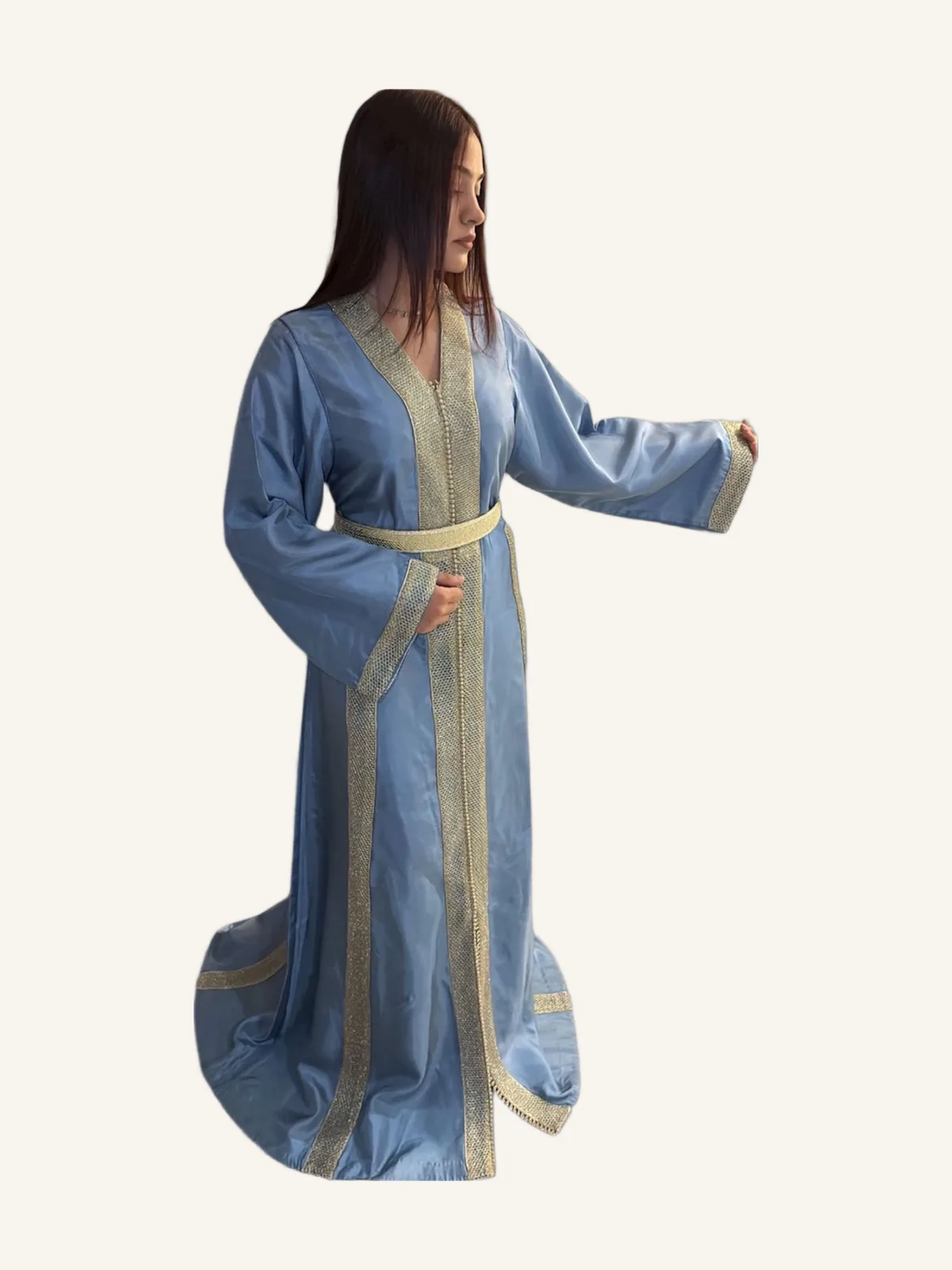 Sky blue caftan with golden belt band
