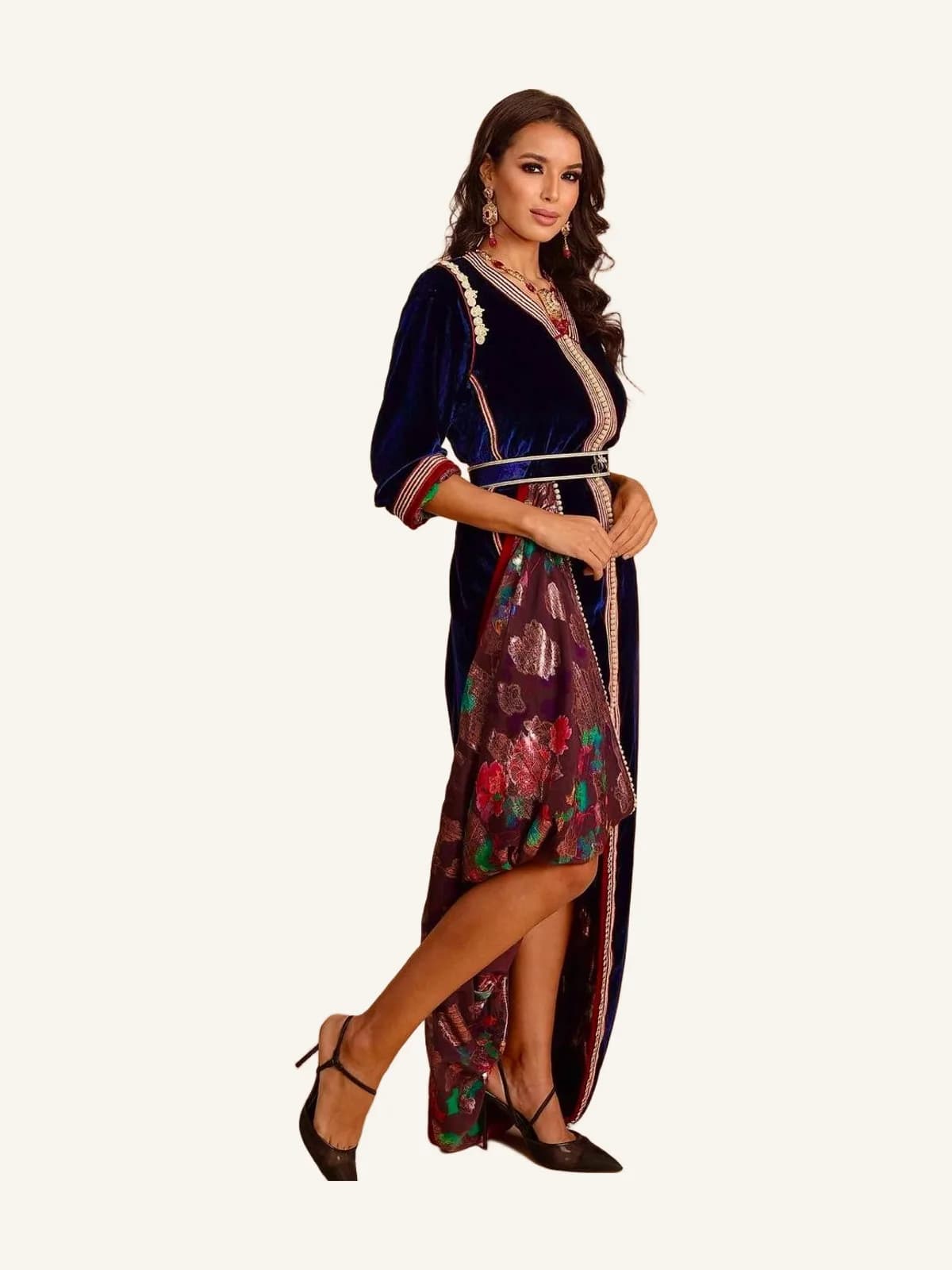 Majestic Navy Blue Velvet Caftan & Silk Tlija - 100% Handmade