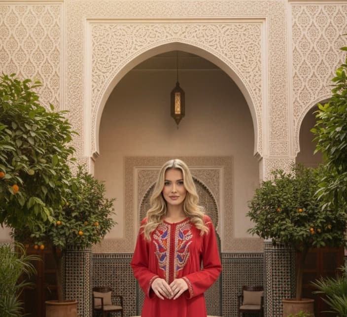 قفطان من الكريب الأحمر مع التطريز