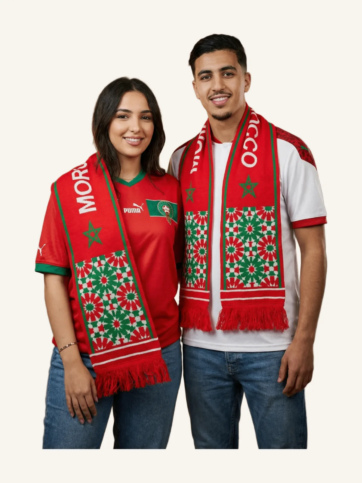 Moroccan Knitted Scarf with Flag and Zellige Patterns | Red | Green | White