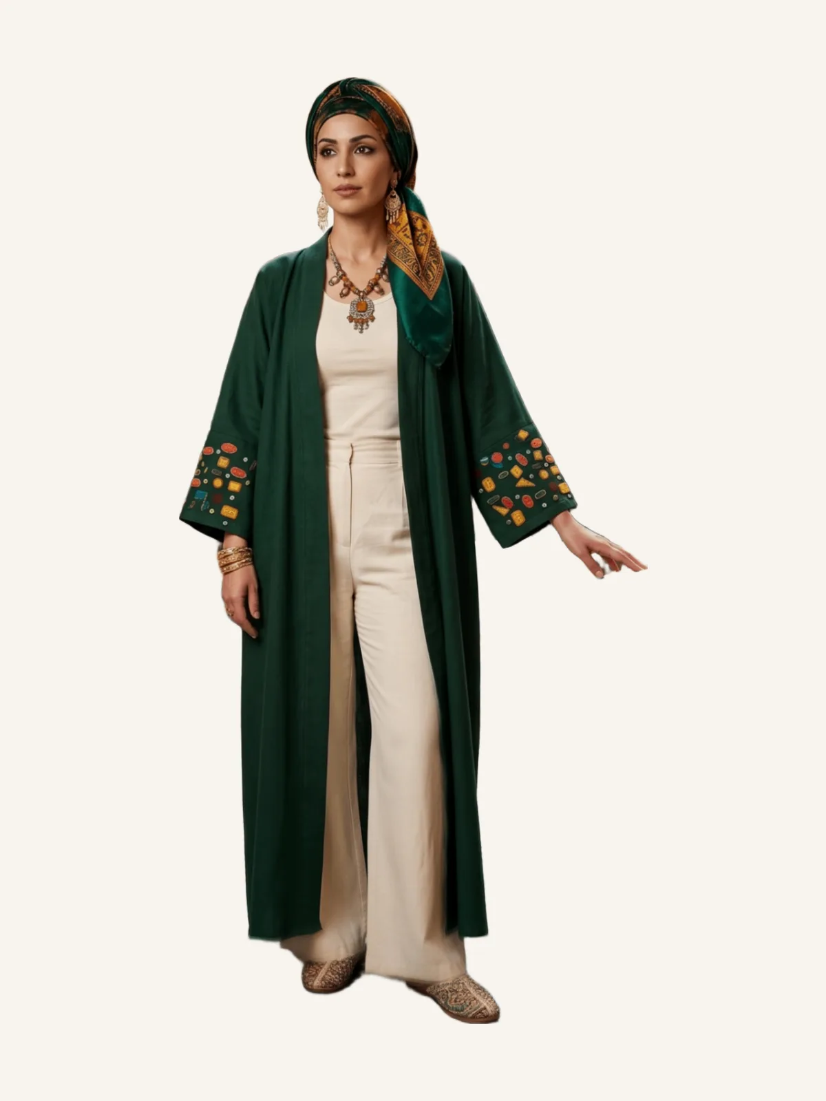 Long Emerald Green Satin Kimono - Hand-Painted Sleeve Design