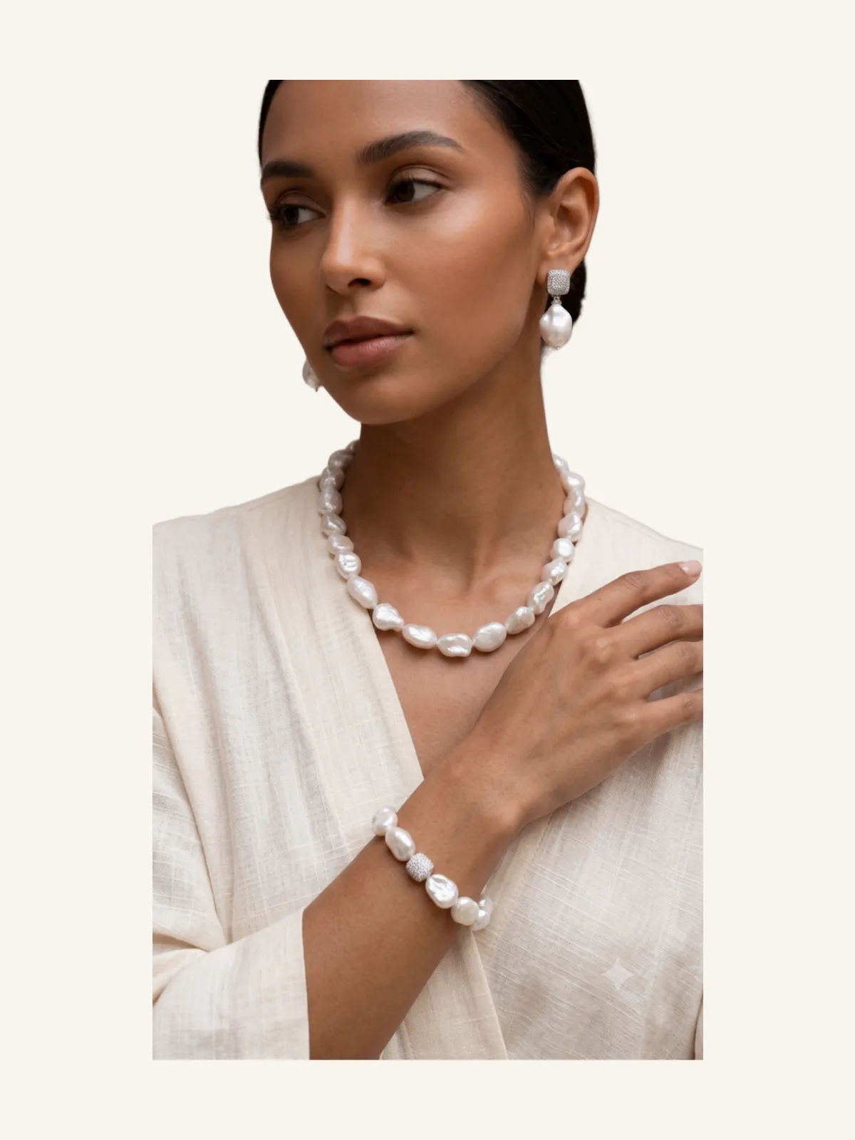 Tripartite Set of Natural Baroque Pearls: Necklace, Bracelet & Earrings