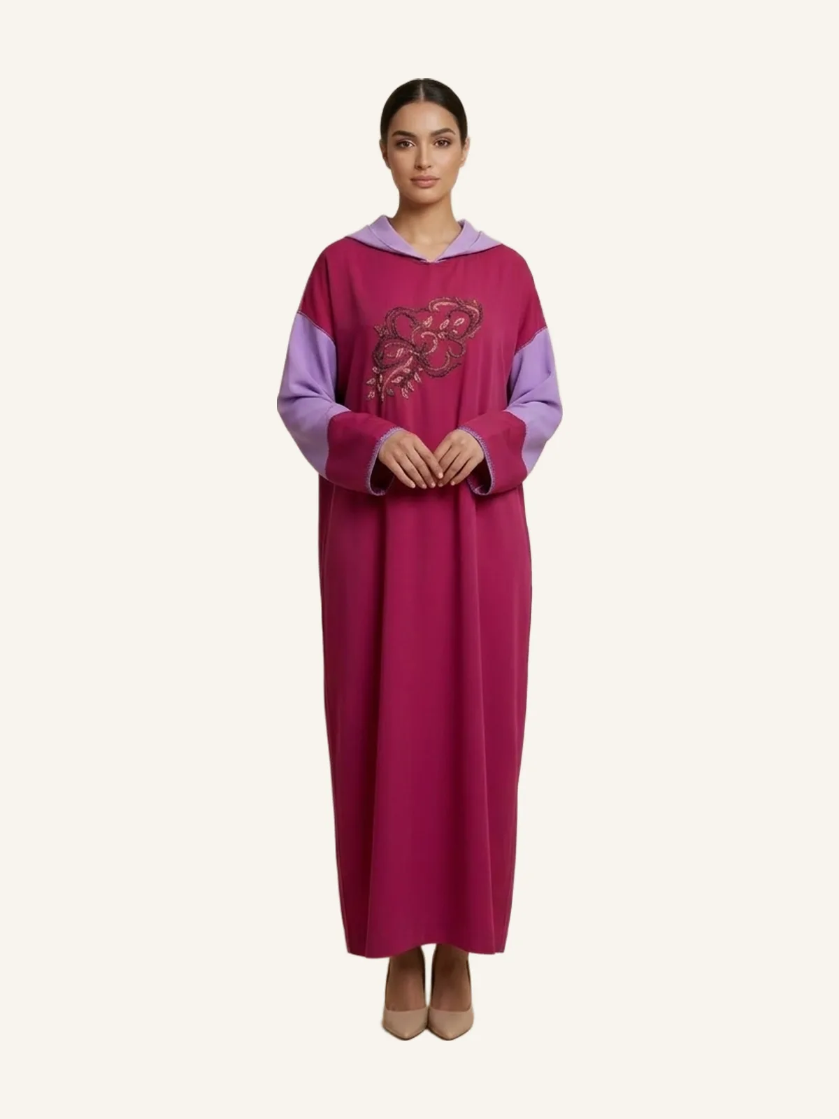 "Deo" Modern Djellaba (Two-Tone) in Fuchsia and Purple with Elegant Embroidery